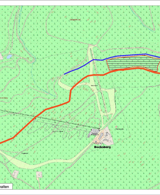 Das Bild zeigt farblich unterschiedlich gekennzeichnet die Bereiche des Liebesbankwegs und des alten Hahnenkleer Wegs, die aufgrund von Holzerntemaßnahme gesperrt werden.