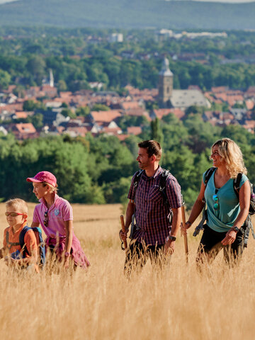 Eine Vierköpfige Familie wandert durch Goslars Natur 